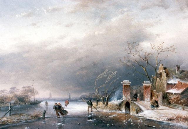 Charles Leickert | IJsgezicht met tolhek, olieverf op paneel, 20,2 x 28,5 cm
