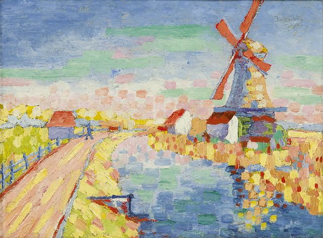 Joan Collette | Molen bij het water, olieverf op doek op schildersboard, 24,1 x 32,3 cm, gesigneerd r.b.