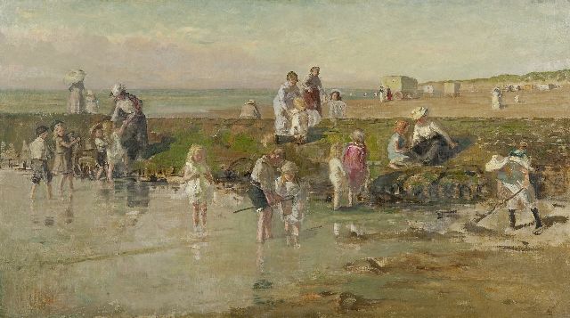 Johan Antoni de Jonge | Zomer op het Scheveningse strand, olieverf op doek, 40,8 x 73,2 cm, gesigneerd r.o. met monogram