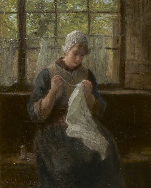 Jozef Israëls | Handwerken bij het raam, olieverf op doek, 56,6 x 45,3 cm, gesigneerd l.o.