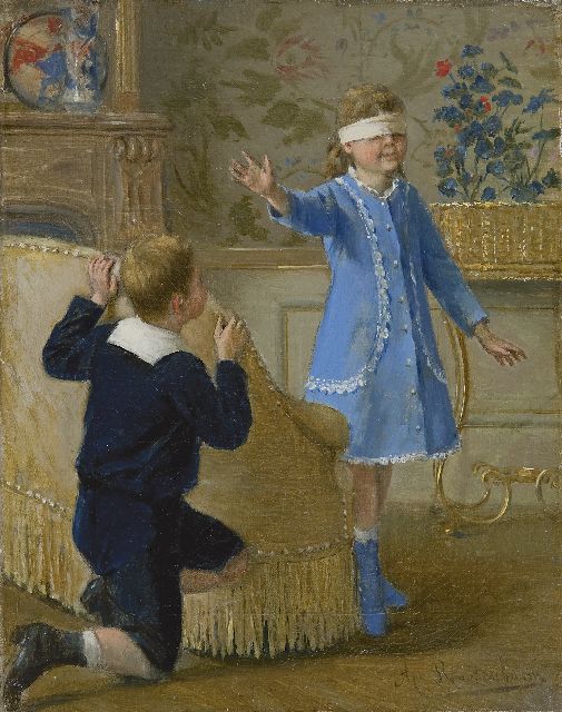Albert Roosenboom | Verstoppertje spelen, olieverf op doek, 24,4 x 19,3 cm, gesigneerd r.o.