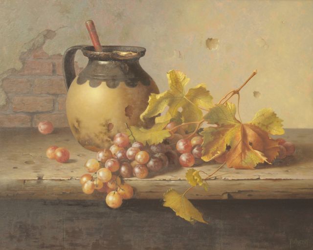 Andreas Gyula Bubarnik | Stilleven van kan met druiven, olieverf op triplex, 40,5 x 50,0 cm, gesigneerd r.o.