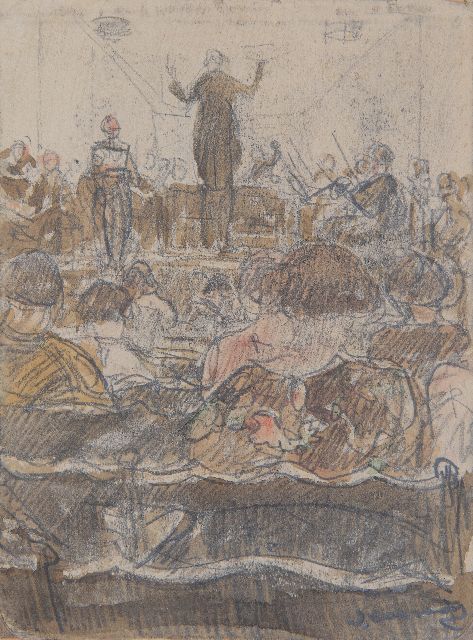 Ko Cossaar | Concert o.l.v. H. v.d. Berg, orkestdirigent te Delft, tekening op papier, 15,5 x 11,5 cm, gesigneerd r.o.