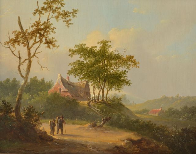 Jacobus van der Stok | Reizigers in panoramisch zomerlandschap, olieverf op paneel, 25,7 x 32,6 cm