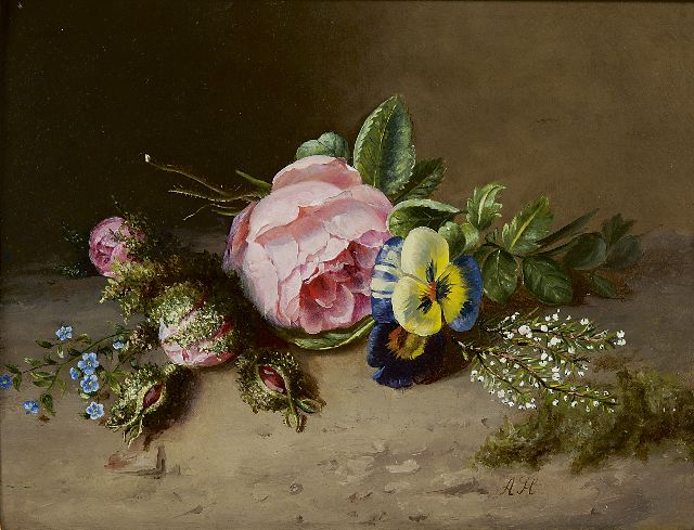 Adriana Haanen | Bloemstilleven, olieverf op paneel, 25,7 x 33,0 cm, gesigneerd r.o. met initialen