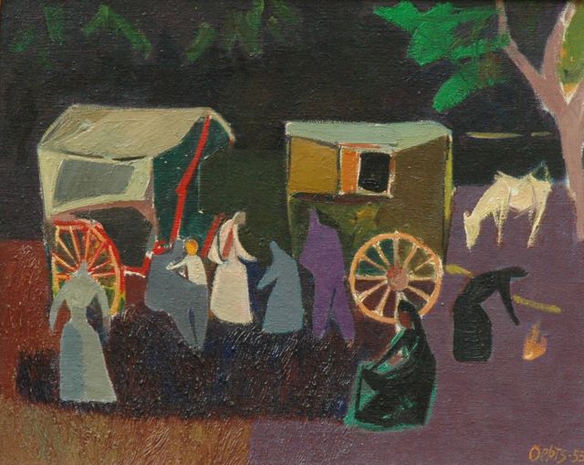 Wim Oepts | Woonwagens, olieverf op doek, 33,2 x 41,5 cm, gesigneerd r.o. en gedateerd '53