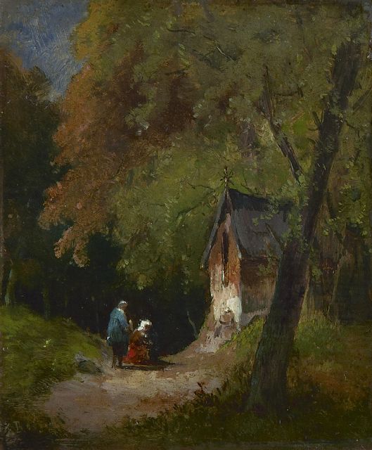 Frans Breuhaus de Groot | Boslandschap met landvolk bij een kapelletje, olieverf op paneel, 11,5 x 9,7 cm, gesigneerd l.o. met initialen