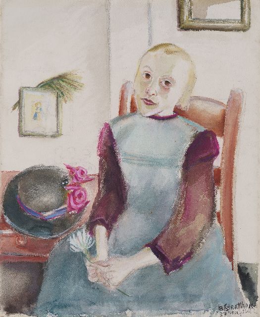 Rebecca van Gelder | Meisje met bloem, aquarel op papier, 50,0 x 41,6 cm, gesigneerd r.o. met pseudoniem 'B. Stratthon van Gelder' en gedateerd '37