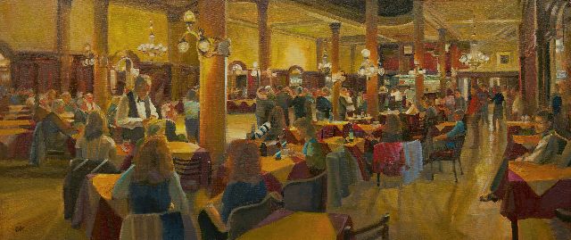 Daniel Kaplan | Salon in El Angulo Oscuro, olieverf op doek, 50,0 x 120,0 cm, gesigneerd l.o. met initialen