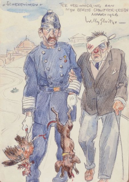 Willy Sluiter | 'Scheveningen - 'Ter herinnering aan mijn eerste chauffeer-lessen', aquarel op papier, 25,0 x 17,5 cm, gesigneerd r.b. en gedateerd maart 1926