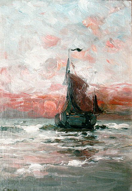 Morgenstjerne Munthe | Bomschuit bij zonsondergang, olieverf op doek op paneel, 41,4 x 28,4 cm, gesigneerd l.o. ini