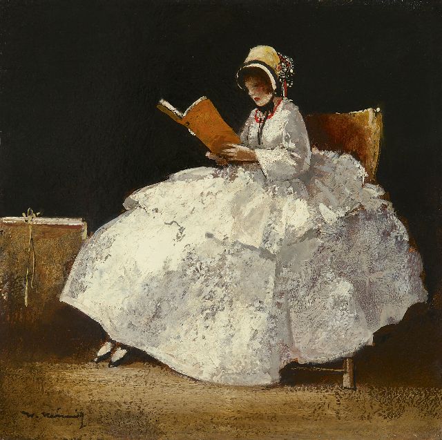 Walter Heimig | Lezend meisje met kaphoedje, olieverf op paneel, 30,1 x 30,2 cm, gesigneerd l.o.