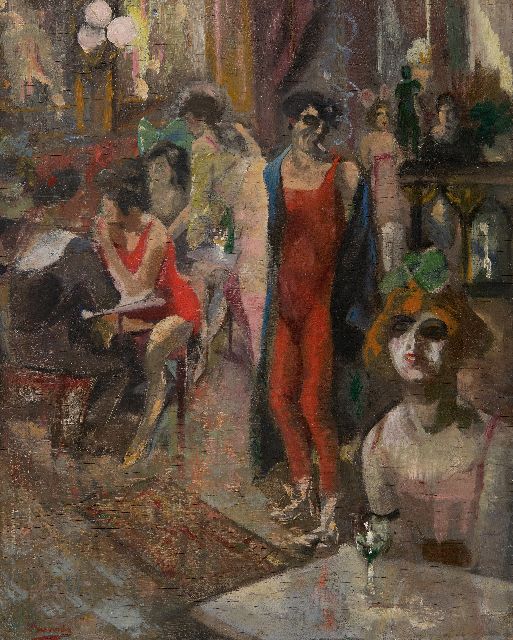 Leo Bervoets | Artiestencafé, olieverf op paneel, 49,2 x 38,5 cm, gesigneerd l.o.