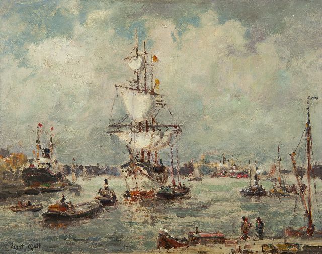 Evert Moll | Driemaster in de haven van Rotterdam, olieverf op schildersboard, 24,0 x 30,5 cm, gesigneerd l.o.