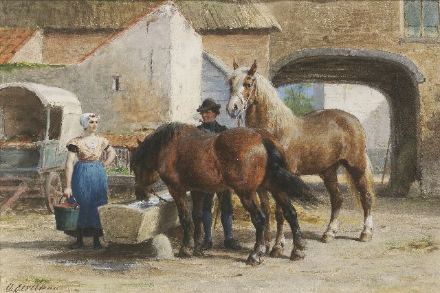 Otto Eerelman | De favoriete drinkplaats, zwart krijt, aquarel en gouache op papier, 34,7 x 51,4 cm, gesigneerd l.o.