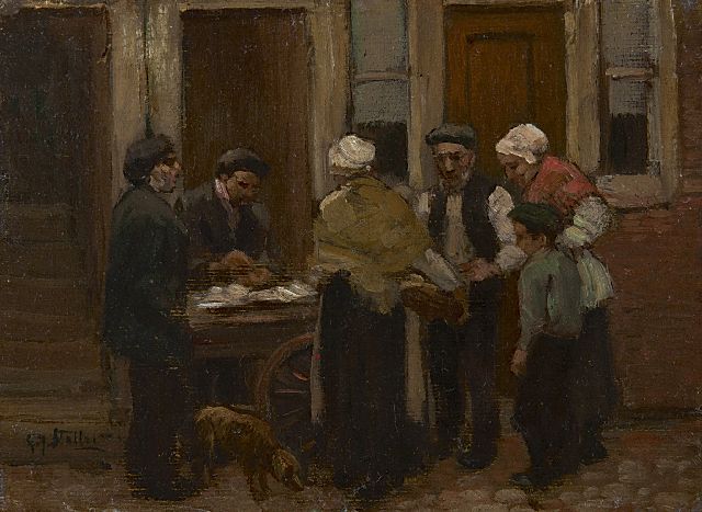 Gerard Johan Staller | Bij de haringkar, olieverf op doek op board, 12,2 x 15,7 cm, gesigneerd l.o.
