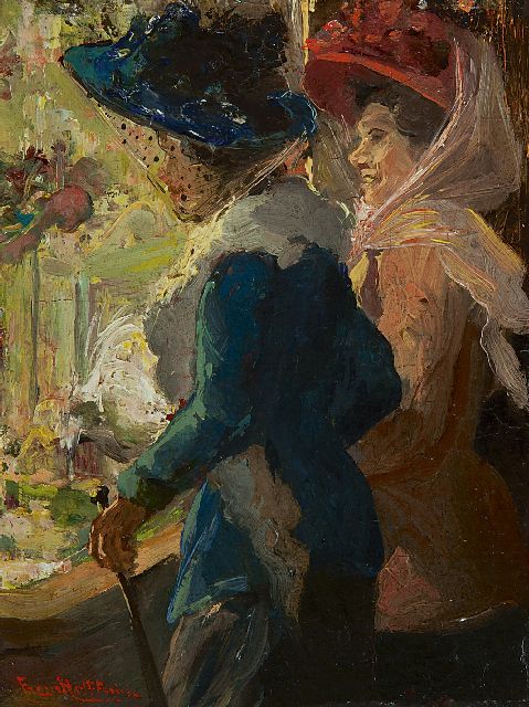 Frans Helfferich | Bij de etalage van de hoedenwinkel, olieverf op paneel, 15,9 x 12,0 cm, gesigneerd l.o.