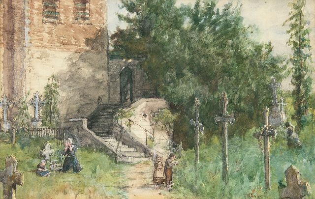 Hendrikus Matheus Horrix | Op het kerkhof, aquarel op papier, 29,2 x 45,6 cm, gesigneerd r.o. en verso