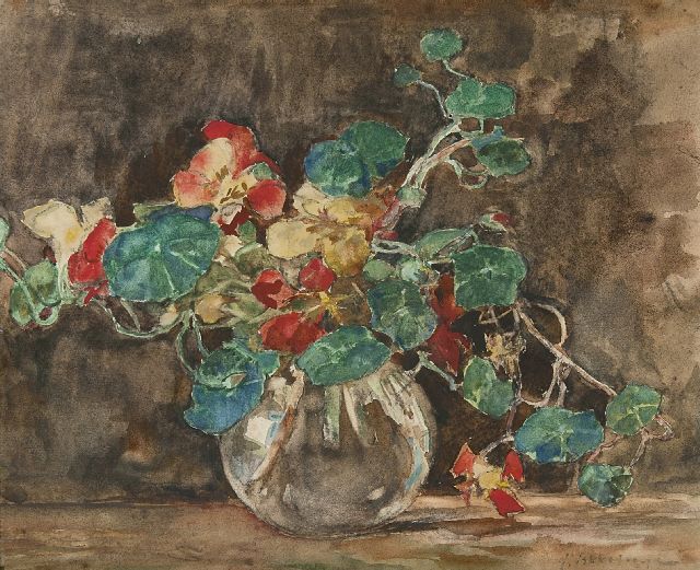 Johannes Evert Akkeringa | Vaas met Oost-Indische kers, houtskool en aquarel op papier, 29,4 x 35,3 cm, gesigneerd r.o.