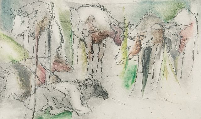 Stoel E.  | Studies van koeien, ets op papier 23,5 x 39,5 cm, gesigneerd r.o. (in potlood)