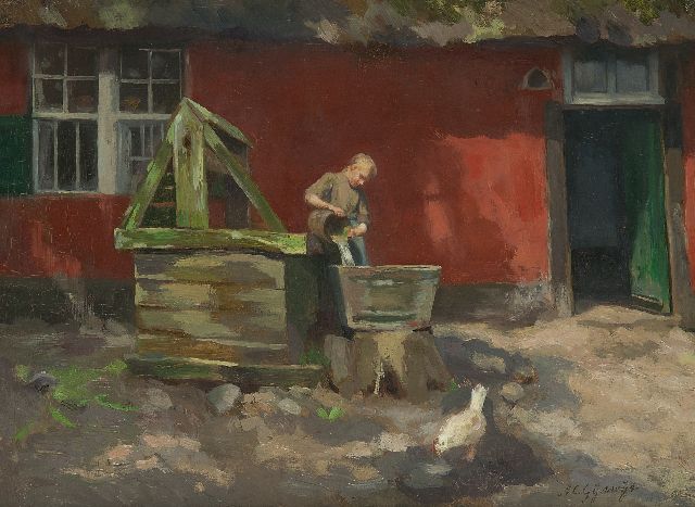 Agnieta Cornelia Gijswijt | Boerenmeid bij de rode hoeve te Genk, olieverf op doek, 28,3 x 38,6 cm, gesigneerd r.o.