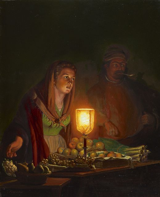 Johannes Rosierse | Avondmarkt met groenten- en fruitverkopers, olieverf op paneel, 31,0 x 25,8 cm, gesigneerd l.o.