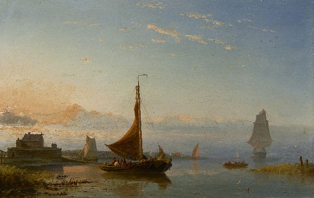 Nicolaas Riegen | Schepen op kalme Zuiderzee bij zonsondergang, olieverf op paneel, 22,5 x 35,6 cm, gesigneerd l.o.