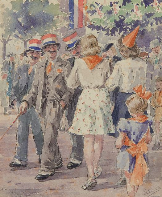 Louis Schutte | Koninginnedag op het Kennemerplein in Haarlem, krijt en aquarel op papier, 25,4 x 20,9 cm, gesigneerd r.o.