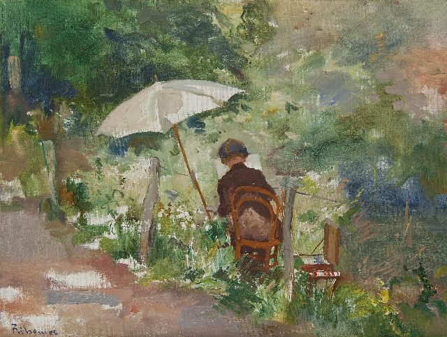 Jacob Ritsema | Schilderes buiten aan het werk, olieverf op doek, 37,8 x 50,2 cm, gesigneerd l.o.