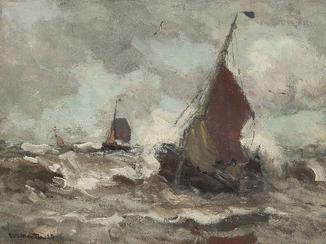 Morgenstjerne Munthe | Pinken in de branding bij storm, olieverf op doek, 30,6 x 40,6 cm, gesigneerd l.o. en gedateerd '20
