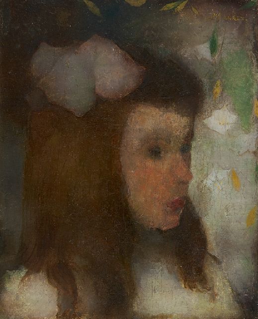 Jan Mankes | Meisjeskopje met bloem en strik in het haar (Akke Venema), olieverf op doek, 20,0 x 16,3 cm, gesigneerd r.b. en te dateren 1915