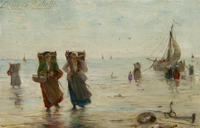Edward Portielje | Vissersvrouwen op het strand (pendant van 17477), olieverf op doek, 9,4 x 14,7 cm, gesigneerd l.b.