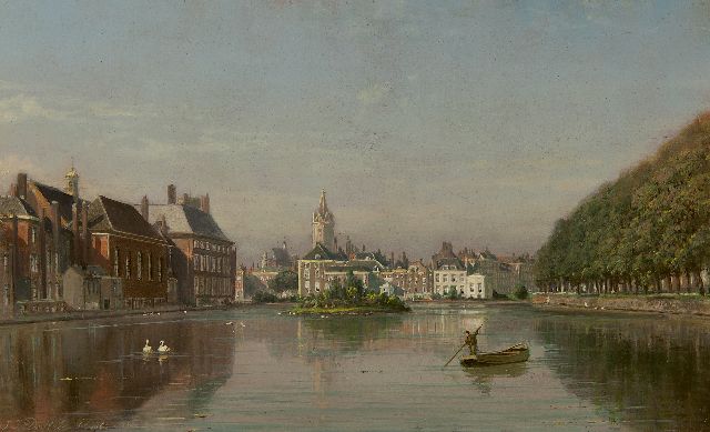 Johannes Josephus Destrée | Gezicht op de Hofvijver, Den Haag, olieverf op paneel, 19,7 x 31,4 cm, gesigneerd l.o. en gedateerd 1865