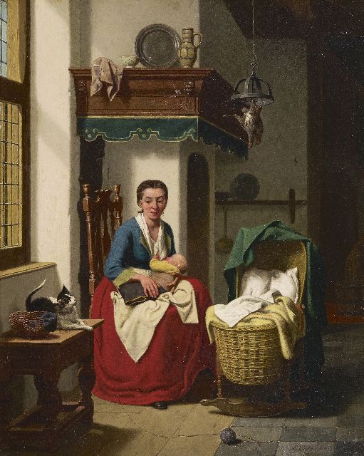 Carel Jozeph Grips | Het voeden van de baby, olieverf op paneel, 36,6 x 29,2 cm, gesigneerd r.o. (vaag)