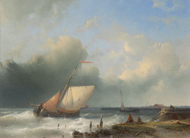 Abraham Hulk | Laverende zeilschepen voor de kust, olieverf op paneel, 26,6 x 36,2 cm, gesigneerd r.o.