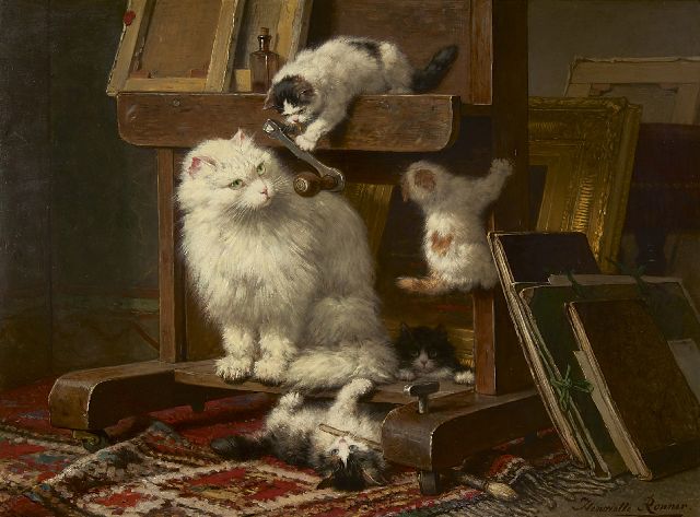 Henriette Ronner-Knip | Poezenfamilie in het atelier, olieverf op paneel, 54,5 x 72,0 cm, gesigneerd r.o. en gedateerd 1878