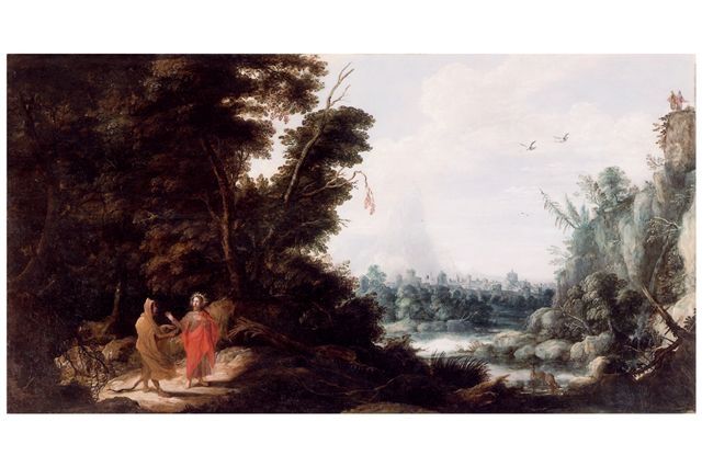 David Teniers de Oude | De verzoeking van Christus in de woestijn, olieverf op paneel, 85,5 x 162,0 cm, te dateren ca. 1620