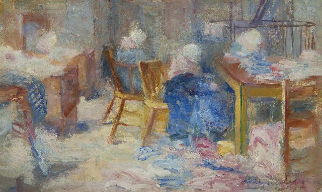 Marie Heijermans | Verstelwerk, olieverf op paneel, 13,8 x 23,6 cm, gesigneerd r.o. en gedateerd 'A'dam 1910'