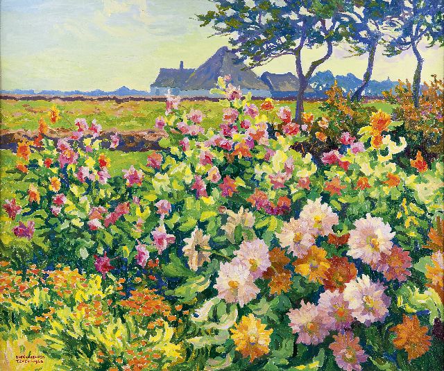 Ad Blok van der Velden | Boerentuintje met chrysanten en dahlia's op Texel, olieverf op doek, 50,3 x 60,5 cm, gesigneerd l.o. en gedateerd 'Texel 1966'