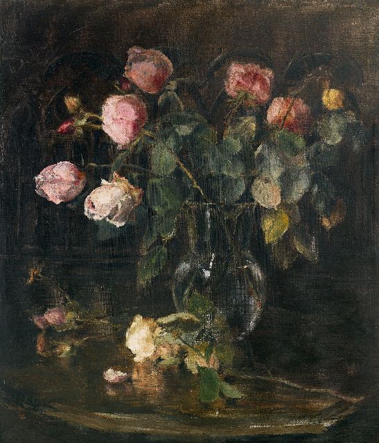 Marguérite Carolina de Clerq | Rozen in glazen vaas, olieverf op doek, 55,4 x 47,5 cm, gesigneerd l.o.
