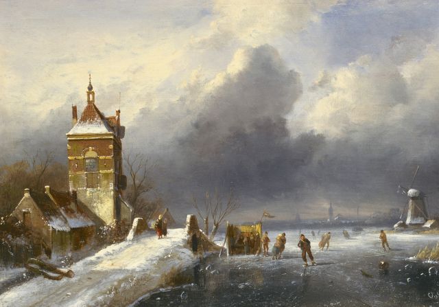 Charles Leickert | Schaatsers langs de dorpsrand, olieverf op paneel, 26,6 x 40,3 cm, gesigneerd r.o.