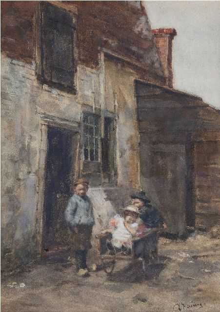 Kerling A.E.  | Kinderen spelend met een duwkar, aquarel op papier 38,4 x 27,6 cm, gesigneerd r.o.