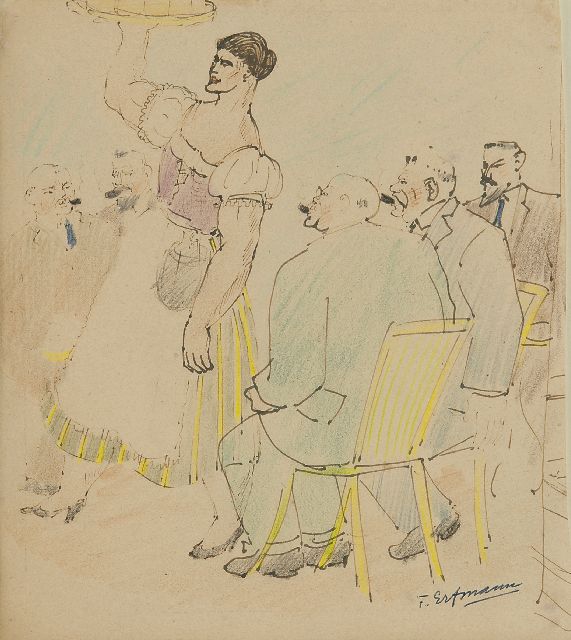 Ferdinand Erfmann | De Duitse serveerster, pen, inkt en potlood op papier, 21,0 x 18,9 cm, gesigneerd r.o.