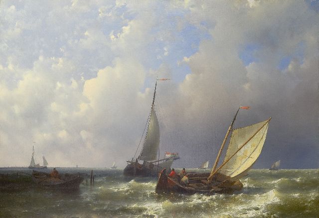 Abraham Hulk | Binnenzeilende tjalk bij een haveningang, olieverf op doek, 49,0 x 70,2 cm, gesigneerd l.o.