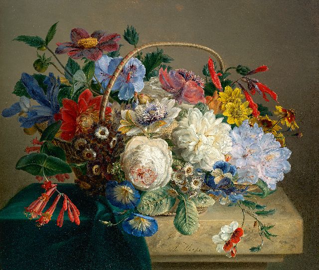 Anton Weiss | Pronkboeket in een mand, olieverf op paneel, 30,7 x 36,4 cm, gesigneerd m.o. en te daterem ca. 1830