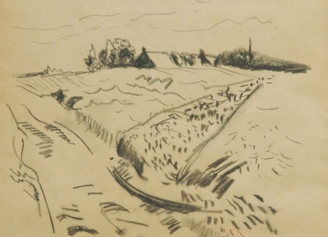 Jan Altink | Korenlandschap Drenthe, zwart krijt op papier, 26,5 x 36,2 cm, gesigneerd m.o. en te dateren ca. 1930