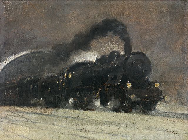 Jaroslav Ronek | Vertrekkende stoomtrein, olieverf op schildersboard, 44,5 x 59,6 cm, gesigneerd r.o.