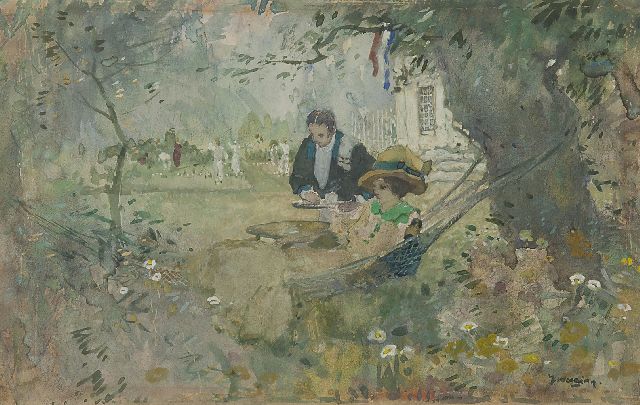 Ype Wenning | Theetijd op landgoed Te Werve, Rijswijk, aquarel op papier, 20,7 x 27,9 cm, gesigneerd r.o.