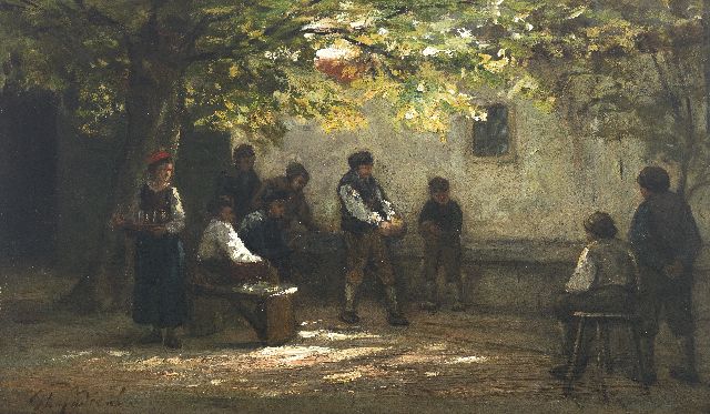 Philip Sadée | Kegelen op de binnenplaats, Limburg, olieverf op papier op paneel, 21,0 x 33,3 cm, gesigneerd l.o.
