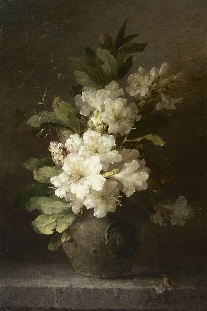 Margaretha Roosenboom | Rododendrontakken in stenen kruik, olieverf op doek, 64,8 x 43,5 cm, gesigneerd r.o.